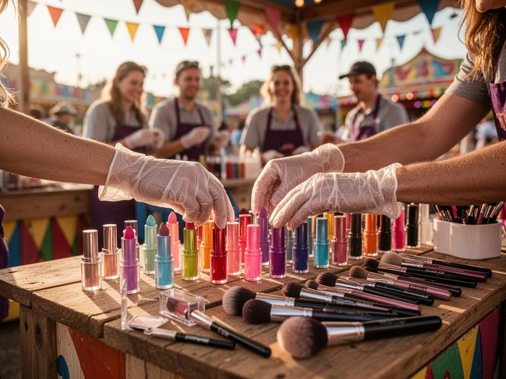 Gloved hands arranging colorful lipstick tubes and makeup brushes on a wooden fairground table, blurred volunteers in ba