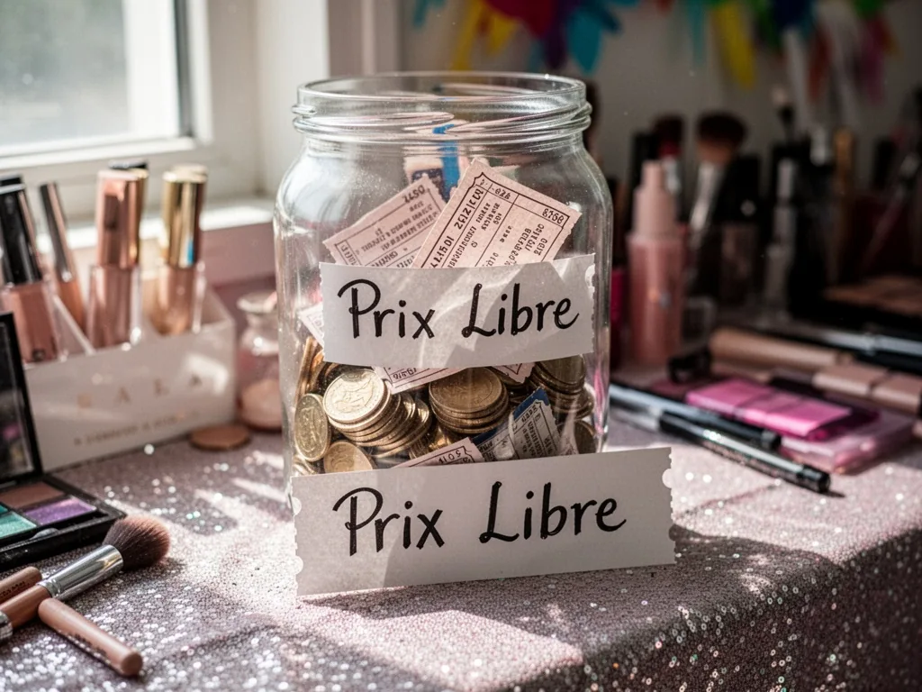 A clear glass jar on a makeup counter filled with coins and folded tickets, shallow focus on a handwritten 'Prix Libre' 