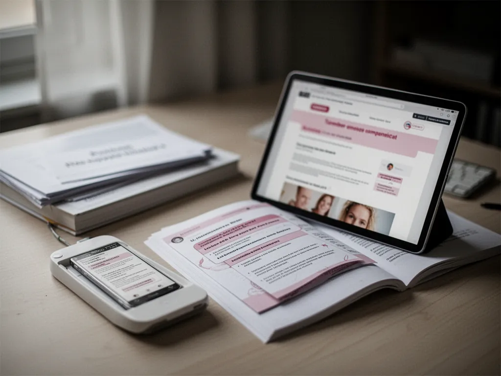 Femme consultant une application de suivi de cycle sur son téléphone, avec un thermomètre basal et un carnet de notes à côté
