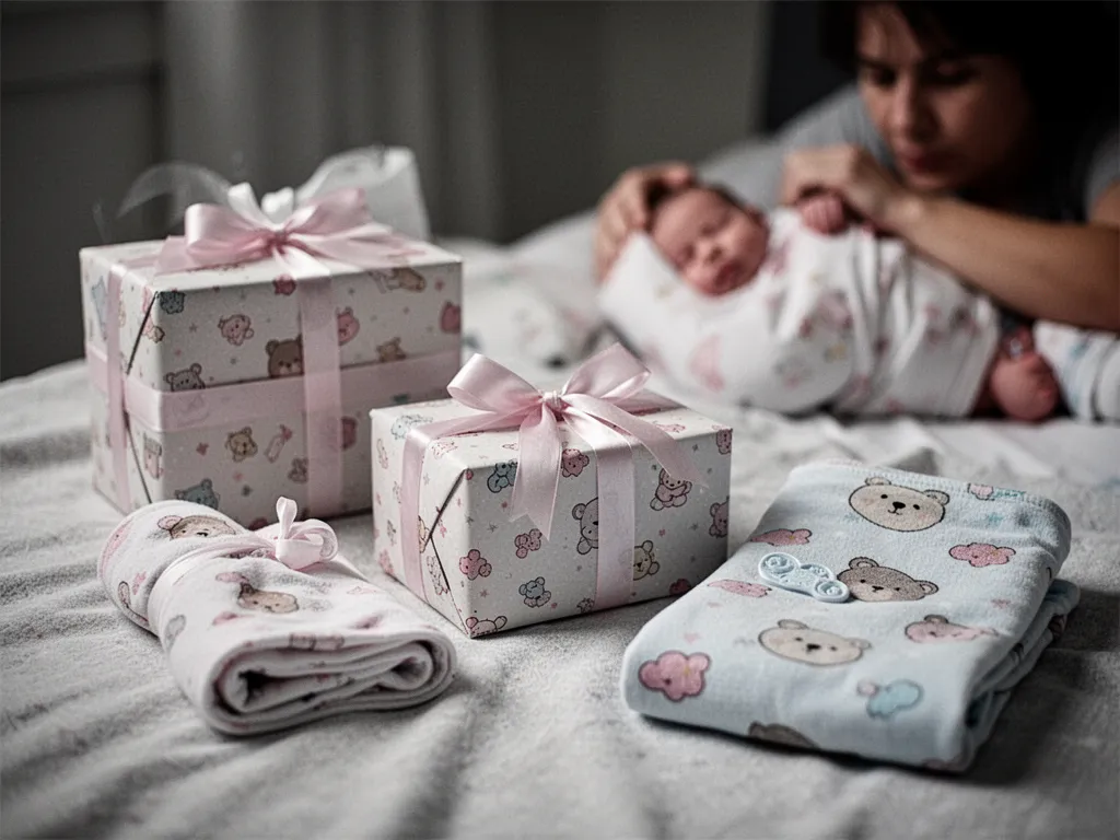 Une jeune mère assise dans un canapé avec un bébé endormi contre elle, une tasse chaude posée sur une table basse et une