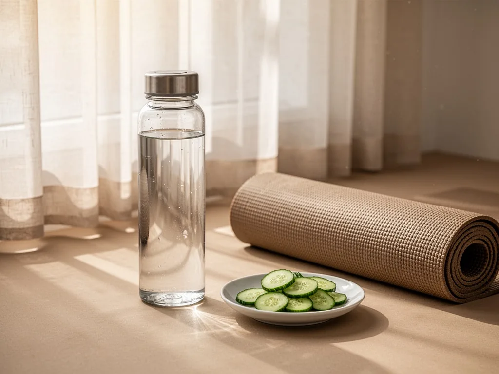 A glass water bottle and a small plate of sliced cucumber next to a folded yoga mat, soft sunlight filtering through she