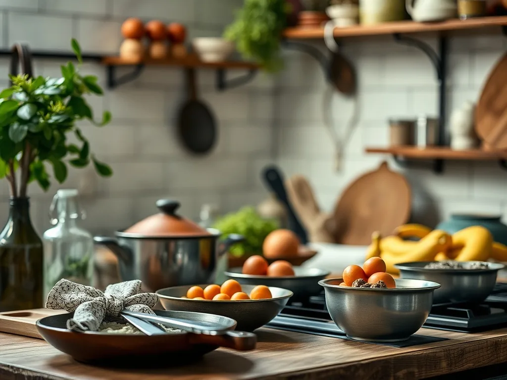Cuisine lumineuse aux meubles en bois clair, crédence en zellige beige, suspensions en rotin et plan de travail en terrazzo
