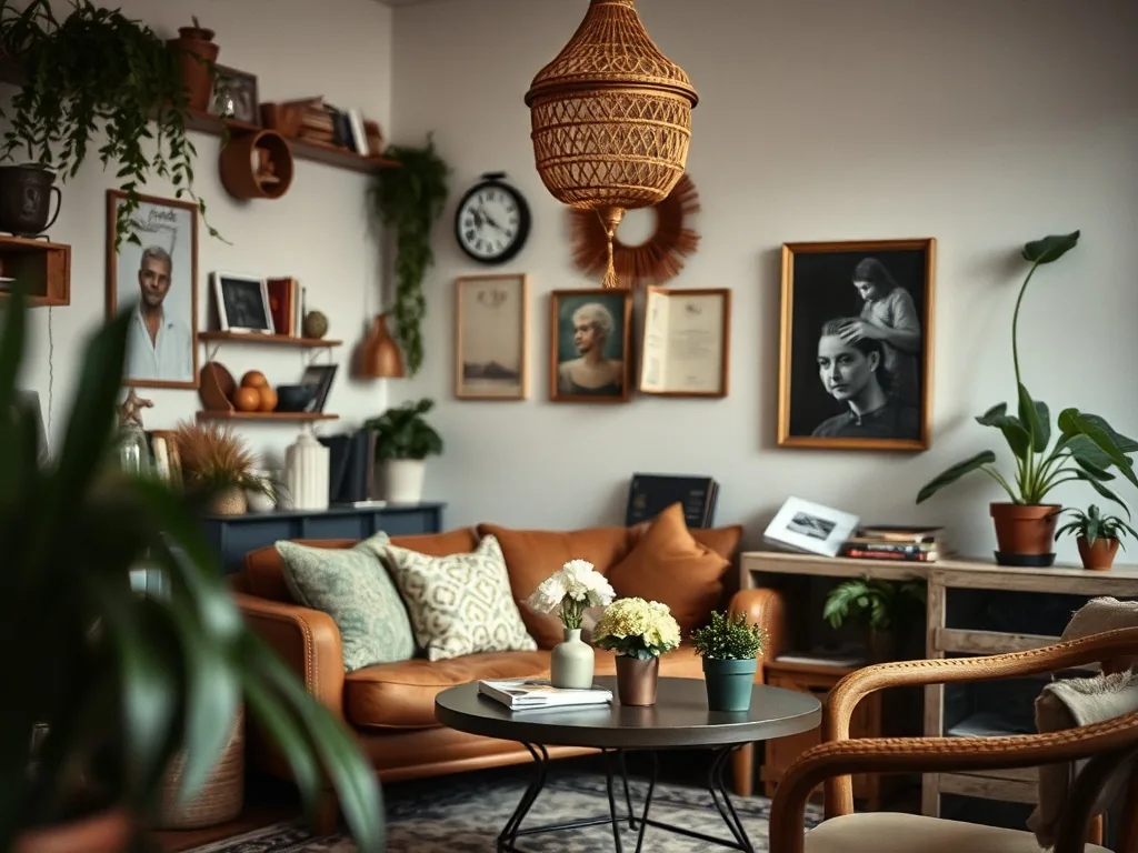 Salon bohème lumineux avec canapé en velours rouille, tapis berbère, suspensions en rotin et grandes plantes vertes devant