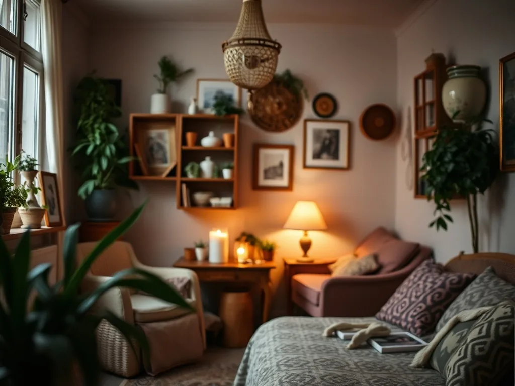 Chambre bohème lumineuse avec un lit en rotin, une suspension en macramé, des coussins en lin et un tapis berbère sur un