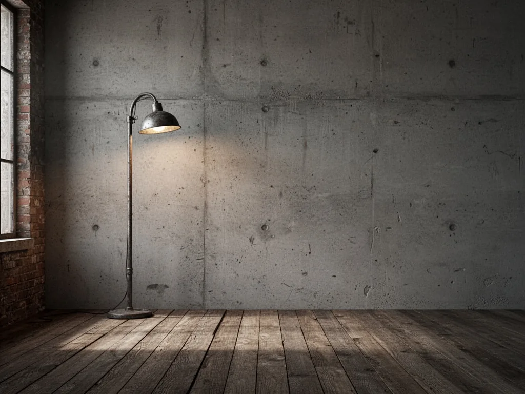 A bare concrete wall with a single stark metal lamp, an empty wooden floor, cold grey light, no textiles or softness, fe