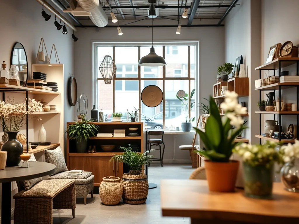 Boutique de décoration intérieure avec étagères en bois clair, vases en céramique mate, lampes en lin écru et plantes vertes