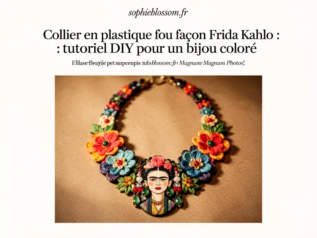 Main posant un pendentif coloré en plastique rétractable sur un tissu brodé façon Frida