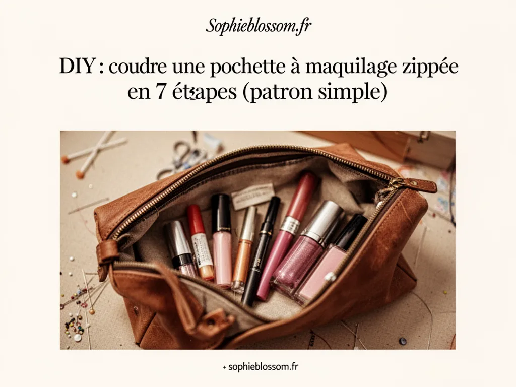 Une pochette plate zippée posée sur une table en bois, tissu lin écru à l’extérieur et coton imprimé à l’intérieur