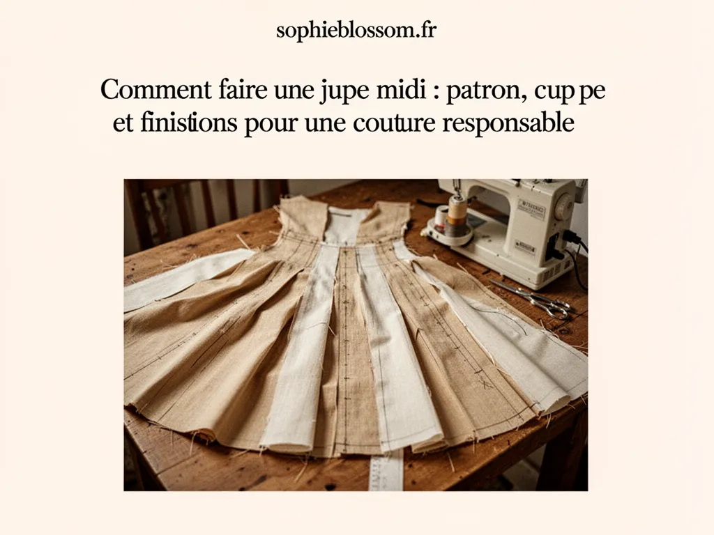 Deux couturières mesurant une pièce de lin beige posée sur une table, patron en papier et ciseaux à côté