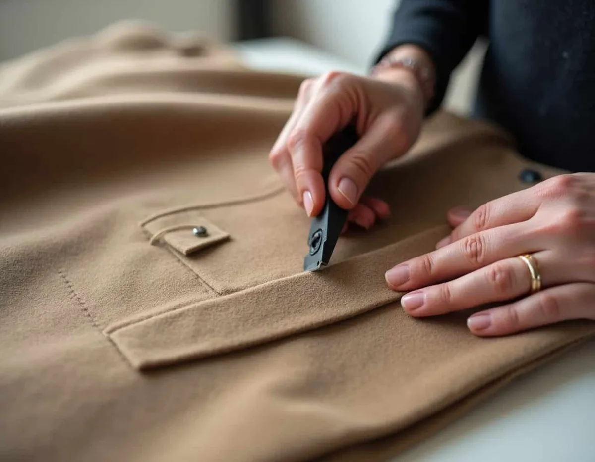 Manteau camel suspendu à une patère, main tirant un fil de poche cousue, paire de ciseaux et épingles posées sur une table