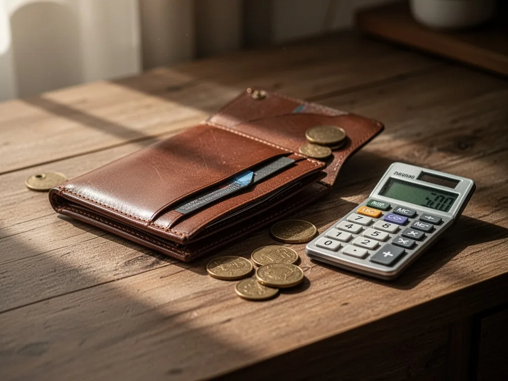 A leather wallet open on a wooden desk next to a small calculator and a few bronze coins, soft afternoon light casting g