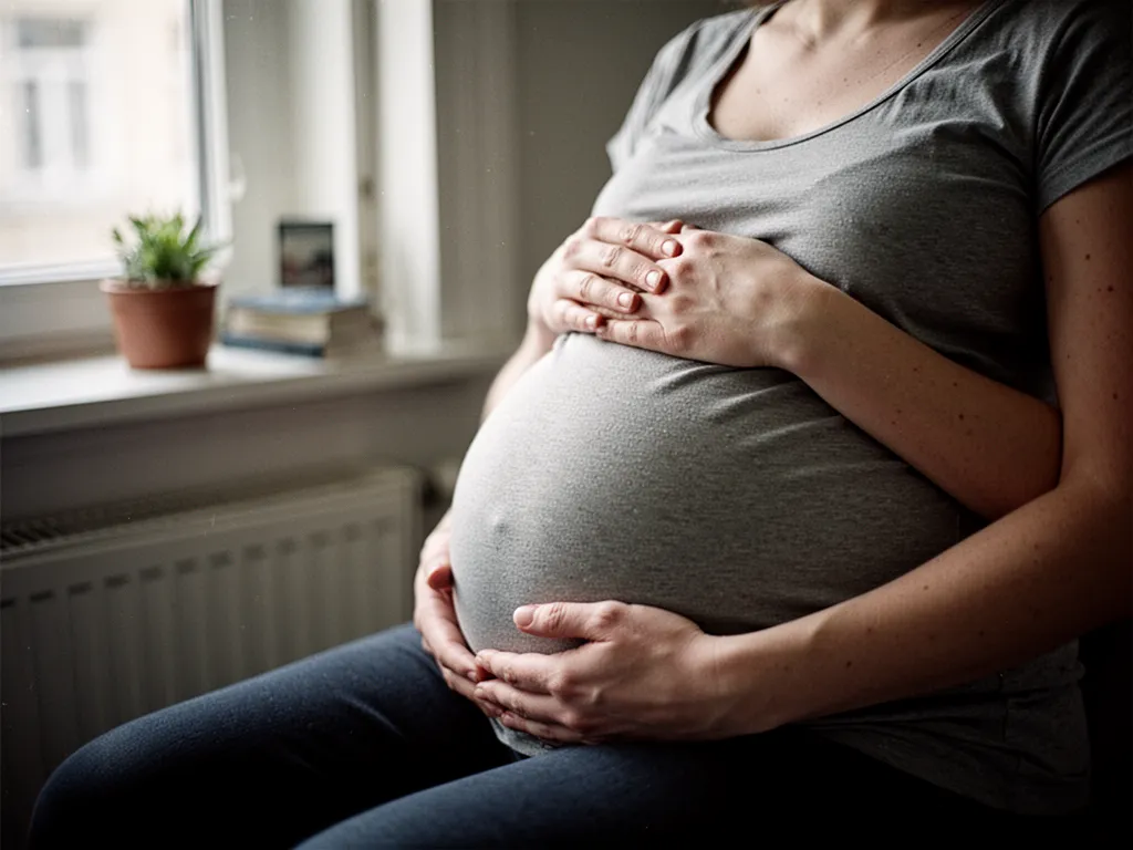 Silhouette d'une femme enceinte de profil, ventre arrondi, mains posées dessus en geste protecteur, arrière-plan neutre et