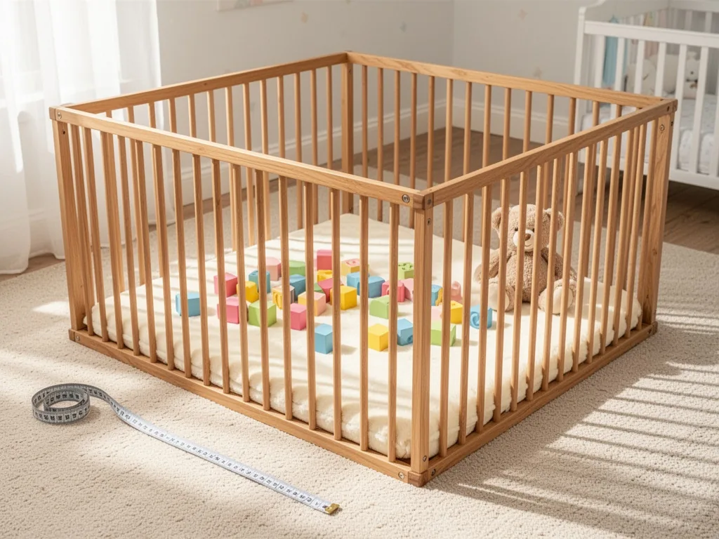 A large rectangular baby playpen with vertical wooden bars, a soft cream mat inside, scattered colorful blocks and a plu
