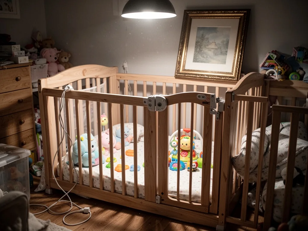 A baby playpen in a cluttered room, with a dangling electrical cord near the side, a toy with small detachable parts ins