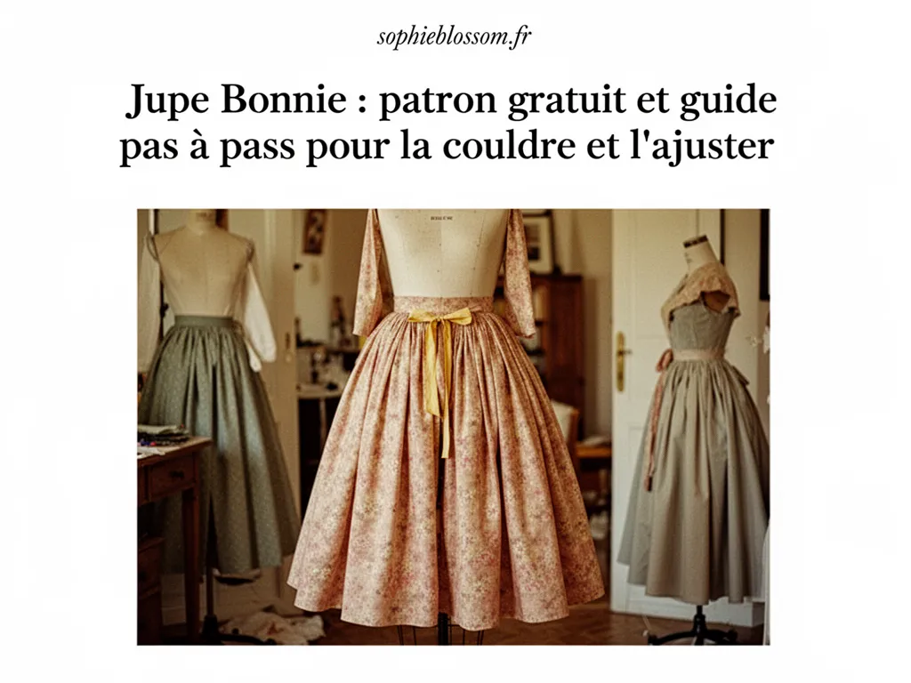 Une jupe midi évasée en lin beige posée sur une chaise en bois, patron papier et ciseaux à côté