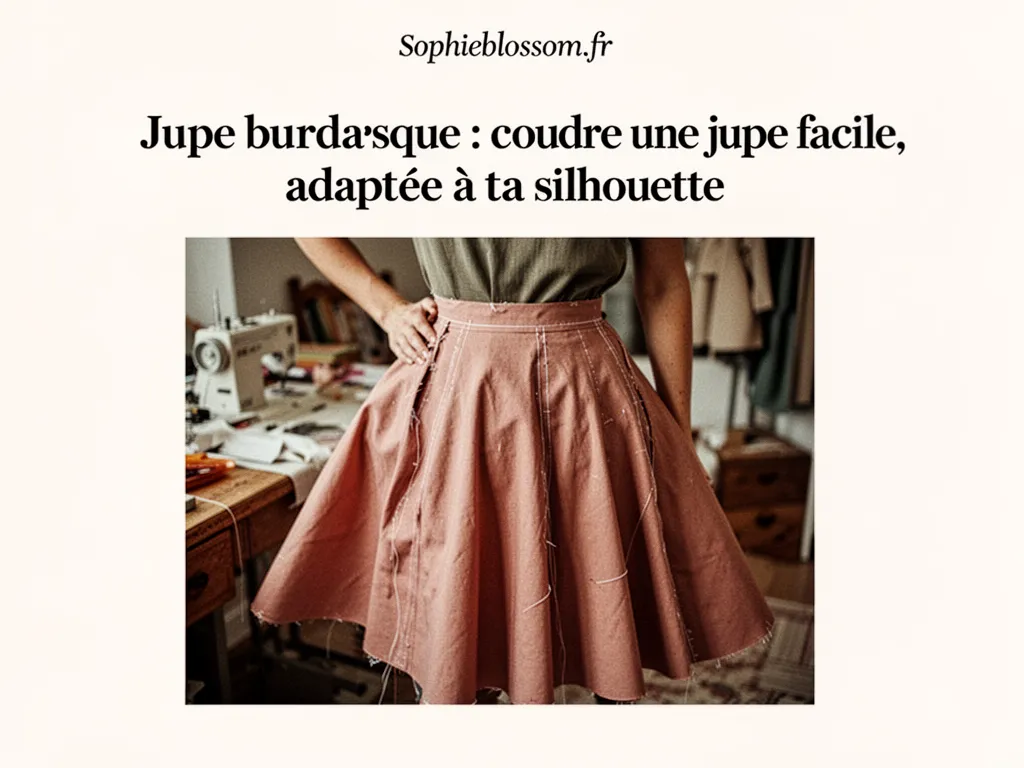 Mannequin debout dans un atelier, portant une jupe midi plissée à fleurs, plan de travail avec épingles et ciseaux