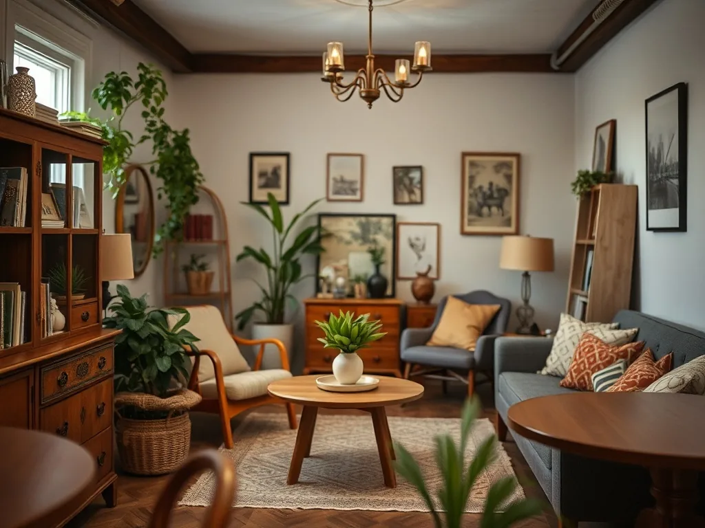 Salon bohème avec canapé en lin écru, table basse en bois brut, fauteuil en rotin, tapis berbère et grande plante verte dans