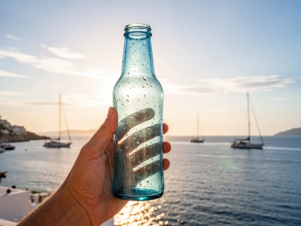 A hand holding a Light Blue bottle against a bright sky, water droplets on the glass, distant sailboat silhouettes, warm