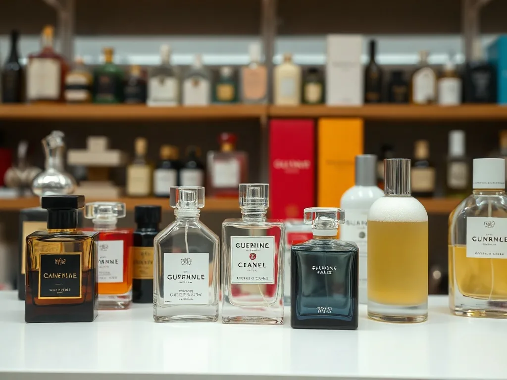 Flacon de parfum générique sobre à côté d’un échantillon de grande marque sur fond de matières premières: fleurs, bois