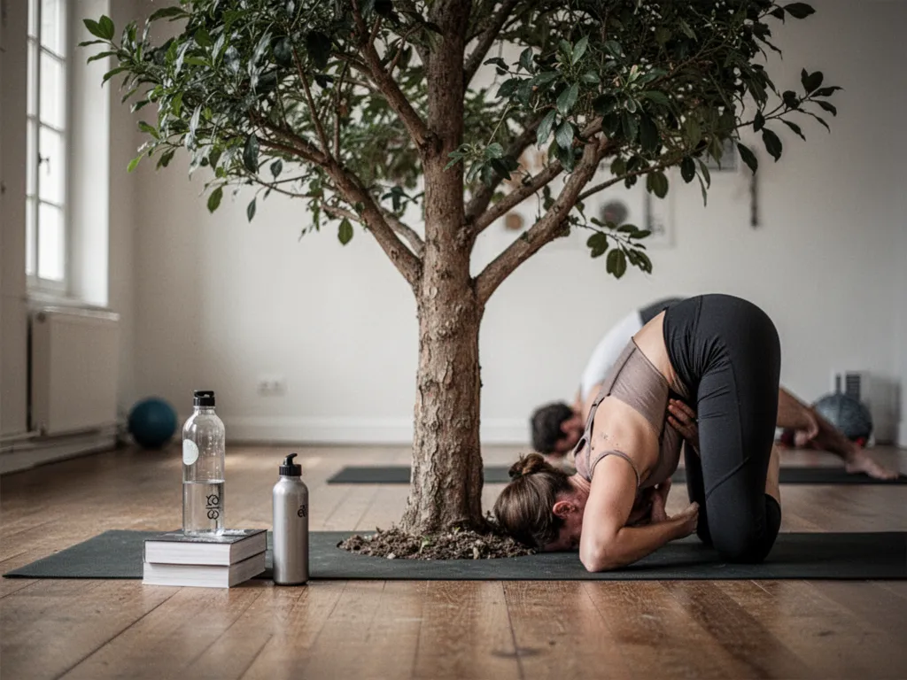 Vue d’un pied nu fermement ancré au sol en posture de l’arbre, le dos de l’autre jambe appuyé contre la cuisse, mains