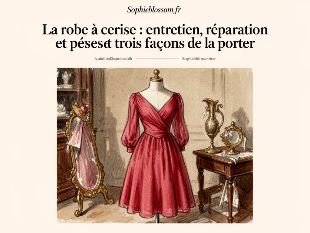 Robe légère à motif cerises rouges sur fond crème, accrochée à une chaise en bois près d'une fenêtre éclairant un intérieur
