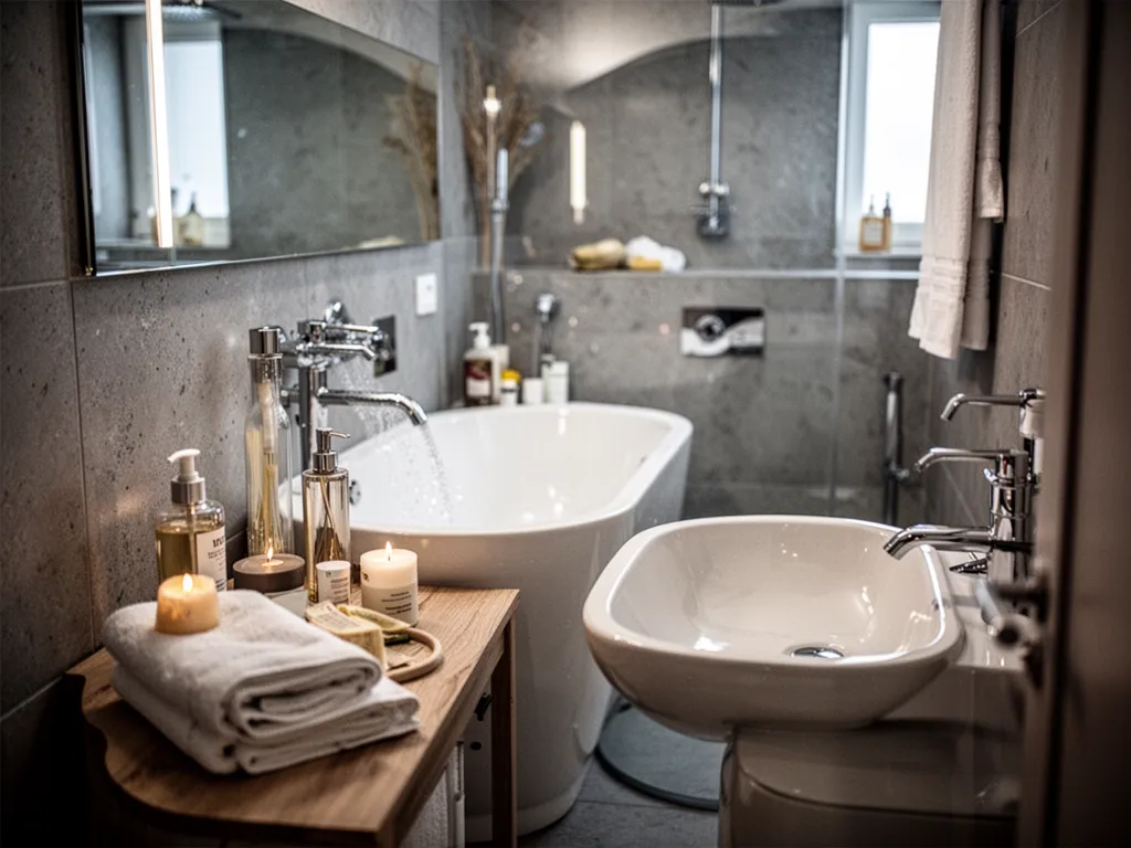 Salle de bains baignée d'une lumière chaude, baignoire en fonte émaillée blanche, mur en tadelakt beige, panier en osier