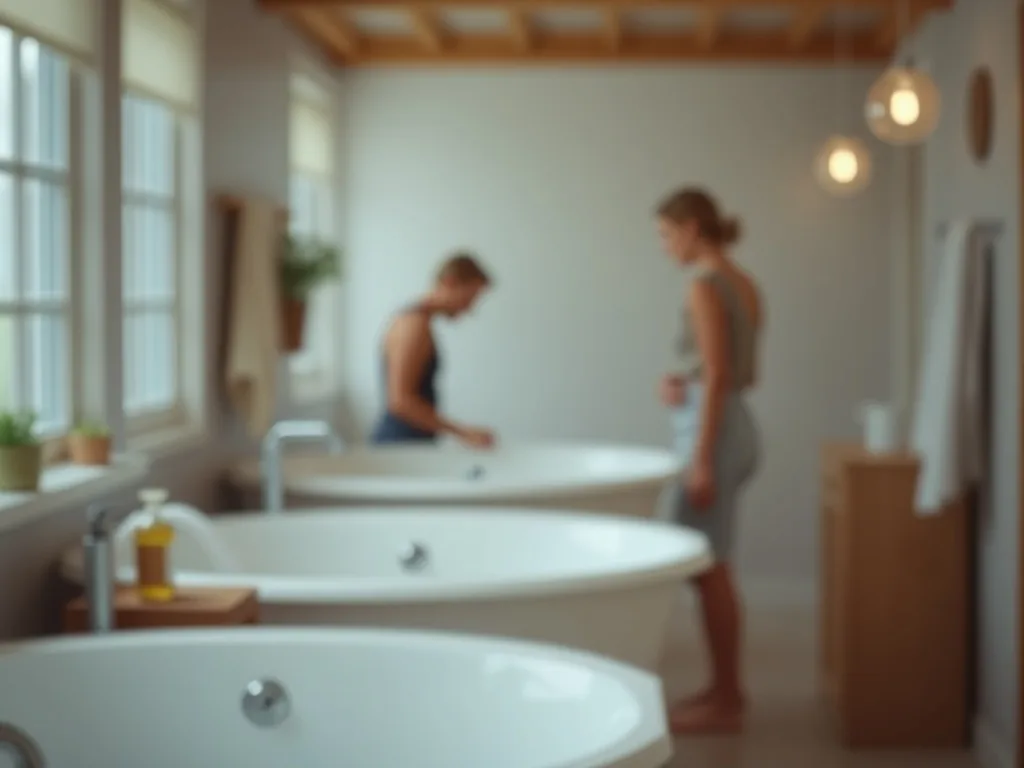 Salle de bains scandinave avec meuble vasque en bois clair, robinetterie noire mate et grande fenêtre lumineuse