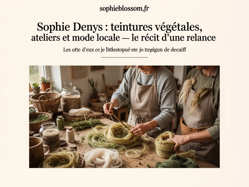 Une blouse en lin teintée à la garance posée sur une table en bois ; flacons d'extraits végétaux et cuve en émail à côté