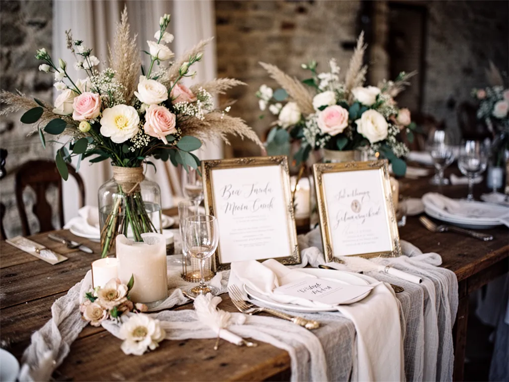 Mariée ou invitée en robe fluide crème, dentelle légère, fleurs séchées dans les cheveux, décor champêtre flou en