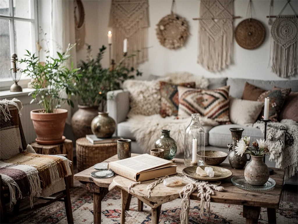 Salon lumineux avec canapé clair, tapis texturé, coussins à motifs, meubles en bois, plantes suspendues et accessoires en