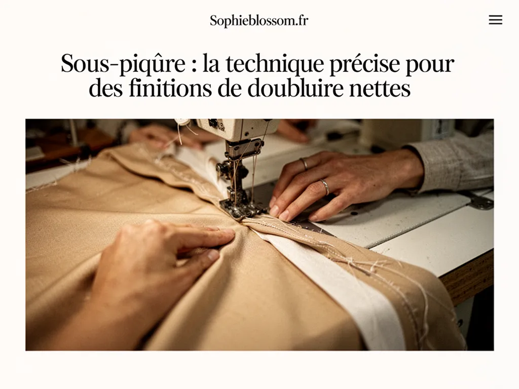 Gros plan sur l'intérieur d'une veste: couture de doublure maintenue par une sous-piqûre propre, fil contrasté