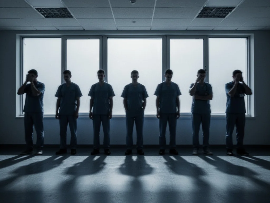 Six blurred human silhouettes lined up against a bright window, each with slightly different posture and head angle, one